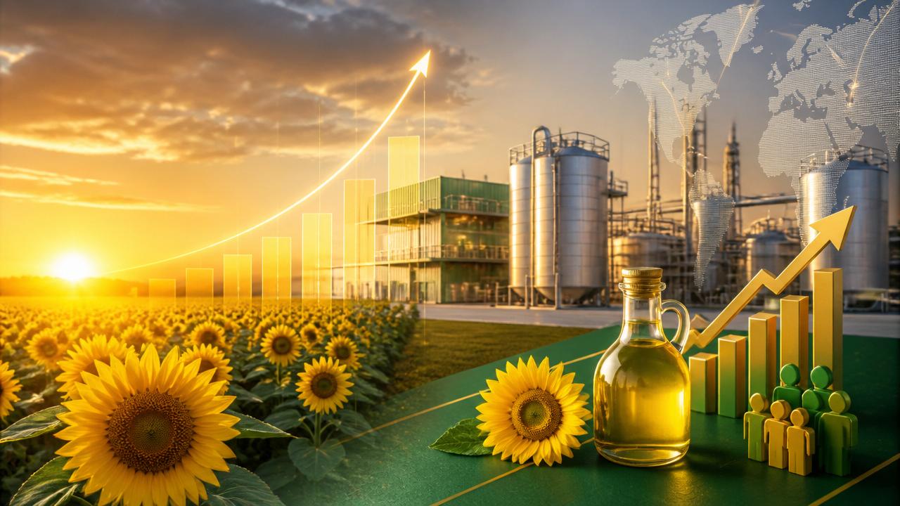 Sunflower field and modern oil processing facility representing growth and investment